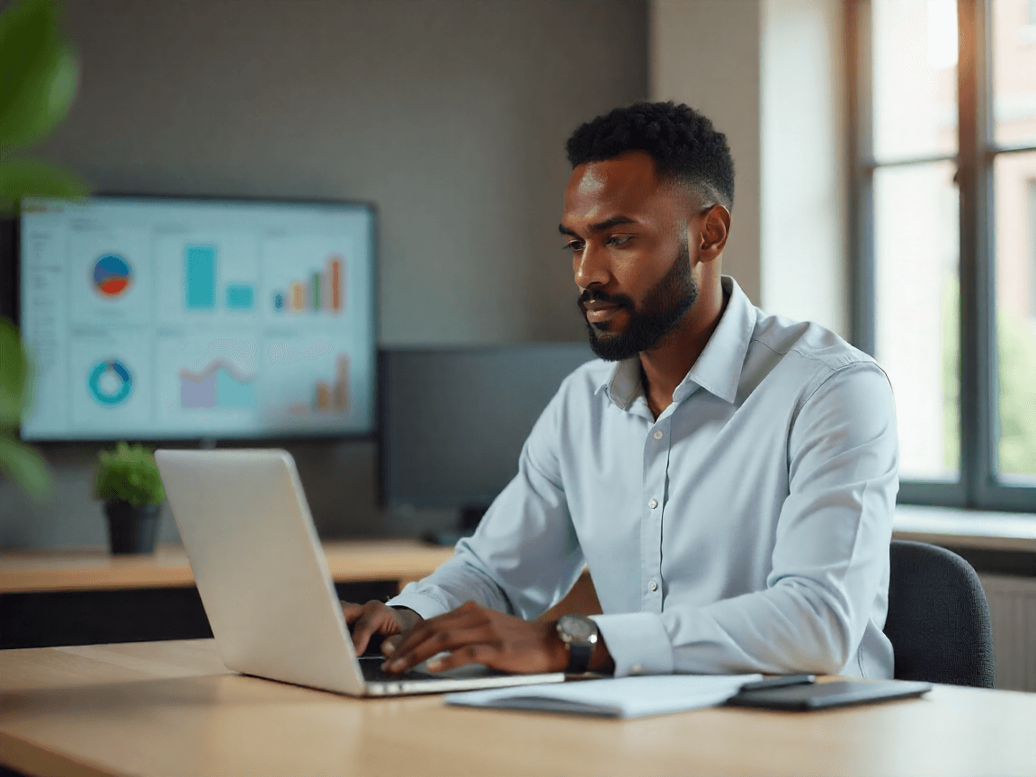 Professional working on laptop with analytics dashboard